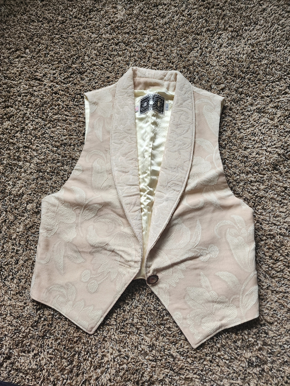 Floral Jacquard Cream Women's Vest with Shawl Collar